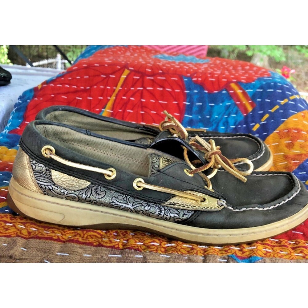 Sperry Top-Sider black leather / metallic gold brocade boat shoes. Women's 9 M